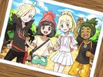  2girls asymmetrical_hair backpack bad_id bad_pixiv_id bag bangs beanie black_hair blonde_hair blue_eyes braid brother_and_sister closed_eyes commentary_request dark_skin dark_skinned_male duffel_bag floral_print gladio_(pokemon) green_eyes green_hair hair_over_one_eye hat hau_(pokemon) hood hoodie koutetsu_(fe_steel_stone) lillie_(pokemon) mizuki_(pokemon) multiple_boys multiple_girls open_mouth photo_(object) pokemon pokemon_(game) pokemon_sm ponytail red_hat shirt short_hair shorts siblings skirt smile spoilers swept_bangs t-shirt tied_shirt torn_clothes z-ring 