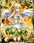  blonde_hair breasts card_(medium) cleavage dress feathered_wings green_eyes hair_between_eyes hand_on_hip high_ponytail leafa long_hair looking_at_viewer medium_breasts official_art open_mouth pointy_ears solo strapless strapless_dress sword_art_online sword_art_online:_code_register thigh_strap white_wings wings 
