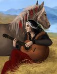  5_fingers black_eyes black_hair brown_fur clothed clothing day detailed_background duo equine feral fur hair horse human mammal outside sitting white_hair white_skin wolnir 