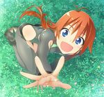  :d absurdres arm_up barefoot blue_eyes blush dirty_feet feet fingers flip_flappers from_above grass hands highres kneeling long_hair looking_up open_mouth orange_hair outstretched_arm outstretched_hand palms papika_(flip_flappers) smile soles solo toeless_legwear toes urepito_honke 