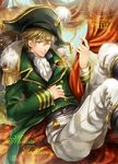  2016 artist_name bicorne boots character_name cravat curtains dated dr. epaulettes free! green_eyes green_hair hand_on_own_stomach happy_birthday hat knee_boots male_focus one_eye_closed pants pirate pirate_hat signature sitting smile solo tachibana_makoto treasure_chest white_pants 
