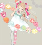  blonde_hair dessert dress eating food food_themed_hair_ornament green_eyes hair_ornament hair_ribbon holding holding_food ice_cream leaning_to_the_side mismatched_legwear nail_polish nucco on_head one_eye_closed open_mouth original ribbon solo striped striped_legwear text_focus twintails 