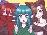  animal_ears bangs black_shirt blue_eyes blue_hair blush bow breasts brooch brown_hair cape chestnut_mouth covered_mouth curly_hair dress embarrassed eyebrows_visible_through_hair eyes_visible_through_hair flat_chest gradient_eyes grass_root_youkai_network hair_between_eyes hair_bow hair_over_one_eye head_fins highres imaizumi_kagerou japanese_clothes jewelry kimono long_hair looking_at_viewer looking_away medium_breasts mermaid miata_(miata8674) monster_girl multicolored multicolored_eyes multiple_girls off_shoulder open_mouth red_cape red_eyes red_hair ribbon-trimmed_headwear ribbon_trim sekibanki shiny shiny_hair shirt simple_background touhou upper_body wakasagihime white_dress wolf_ears 