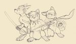  anthro canine clothing dual_wielding eyewear female fox group holding_object holding_weapon in_the_new_age katana kiti_(itna) line_art loincloth looking_away magic_user male mammal melee_weapon monochrome muscular polearm prince_oda raccoon rick_griffin rikitakawi robe stocky sword weapon 