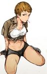  arm_tattoo bike_shorts brown_hair chest_tattoo ear_piercing earrings fingerless_gloves freckles girls_und_panzer gloves hiranko jewelry midriff multiple_piercings naomi_(girls_und_panzer) piercing scar short_hair shorts solo tattoo tomboy 