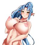  blue_hair blush breasts cleavage earrings elf fuetakishi jewelry large_breasts long_hair looking_at_viewer navel necktie nipples nude original pointy_ears ponytail puffy_nipples simple_background solo white_background yellow_eyes 