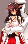  1girl admiral_(kantai_collection) black_hair blush breasts detached_sleeves duplicate eyebrows_visible_through_hair gloves hair_ornament hairclip haruna_(kantai_collection) headgear hug hug_from_behind kantai_collection large_breasts long_hair long_sleeves military military_uniform nontraditional_miko open_mouth orange_eyes remodel_(kantai_collection) surprised translated tsukui_kachou uniform white_gloves 