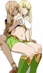  :d bad_id bad_pixiv_id bare_shoulders blonde_hair blush breasts brown_eyes covered_nipples dark_skin groping koko_shiguma large_breasts long_hair midriff multiple_girls navel open_mouth original saliva sitting skirt sleeveless smile yellow_eyes yuri 