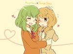  :d ^_^ blonde_hair blue_eyes blush cheek-to-cheek clenched_hands closed_eyes collared_shirt copyright_name emblem flying_sweatdrops green_hair gumi head_tilt heart hood hoodie iede_no_shounen_to_maigo_shoujo kagamine_rin long_hair long_sleeves motion_lines multiple_girls neck_ribbon necktie one_eye_closed open_mouth orange_sweater own_hands_together red_neckwear red_ribbon ribbon shirt simple_background sketch smile sweater tensei_shoujo_to_tensei_shounen vocaloid white_shirt wing_collar yellow_background yunare yuri 