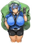  backpack bag between_breasts bike_shorts blue_eyes breasts controller goggles goggles_on_head hat huge_breasts kawashiro_nitori looking_at_viewer perky_breasts remote_control sachito short_hair simple_background smile solo strap_cleavage touhou two_side_up white_background 