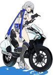  :d ass back bad_id bad_pixiv_id belt black_gloves blue_eyes boots cellphone gloves grey_hair ground_vehicle koko_shiguma long_hair looking_at_viewer midriff motor_vehicle motorcycle open_mouth original phone pointing scarf sheath sheathed silhouette smartphone smile solo 