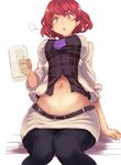  :o =3 arm_support beer_mug belly belt black_legwear blush breasts burp commentary_request cup drinking_glass ear_piercing from_below holding holding_cup horikawa_raiko jacket knees_together_feet_apart large_breasts looking_at_viewer looking_down miniskirt navel necktie open_clothes open_jacket pantyhose piercing plaid plaid_shirt purple_neckwear red_eyes red_hair shirt short_hair sitting skirt solo sweat touhou utopia white_jacket white_skirt 