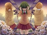  2girls artist_name black_legwear blonde_hair blush building closed_eyes collared_shirt crying facing_away field flower flower_field green_hair gumi hands_on_own_head hood hoodie iede_no_shounen_to_maigo_shoujo kagamine_len kagamine_rin long_hair long_sleeves multiple_girls neck_ribbon open_mouth orange_sweater over-kneehighs plaid plaid_skirt pleated_skirt railroad_crossing red_ribbon red_skirt ribbon shirt silhouette skirt standing sweater tensei_shoujo_to_tensei_shounen thighhighs vocaloid white_shirt wing_collar yunare 