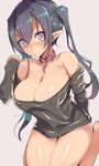  bare_shoulders black_hair blush breasts cleavage collar covered_nipples earrings elf jewelry large_breasts long_hair looking_at_viewer mole mole_under_eye original osuman_toruko pointy_ears purple_eyes sleeves_past_wrists solo twintails 