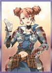  brigitte_stark brown_eyes brown_hair choker collarbone comta earrings gloves hand_on_hip head_tilt jewelry looking_at_viewer lowres midriff military military_uniform navel open_mouth senjou_no_valkyria senjou_no_valkyria_1 short_hair solo uniform 