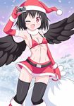  armpits ass_visible_through_thighs belt bikini bikini_top black_hair black_legwear black_wings breasts camera christmas commentary_request elbow_gloves fur-trimmed_boots fur-trimmed_gloves fur_trim gloves hat kagerou_(kers) microskirt one_eye_closed red_bikini red_eyes red_skirt santa_hat shameimaru_aya skirt small_breasts snowing solo swimsuit thighhighs touhou wings winter 
