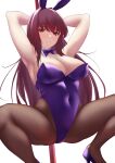  1girl animal_ears armpits arms_behind_head arms_up bangs bare_shoulders blush breasts cleavage detached_collar fake_animal_ears fate/grand_order fate_(series) fishnet_legwear fishnets gae_bolg_(fate) hair_between_eyes highleg highleg_leotard highres large_breasts leotard long_hair looking_at_viewer okuma707 pantyhose piercing_bunny playboy_bunny polearm purple_hair purple_leotard rabbit_ears red_eyes scathach_(fate) smile solo spear squatting thighs weapon 