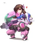  bodysuit brown_eyes brown_hair bubble_blowing chewing_gum chibi d.va_(overwatch) headphones highres long_hair looking_at_viewer mecha meka_(overwatch) overwatch pilot_suit simple_background solo tracyton whisker_markings white_background 