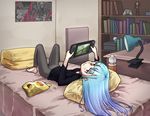  barefoot bed bed_sheet blue_hair bottle chips controller death_(entity) desk desk_lamp despair_(artist) food game_controller gradient_hair handheld_game_console indoors jitome joy-con knees_up lamp leggings long_hair long_sleeves looking_at_viewer lying md5_mismatch multicolored_hair nintendo_switch on_back original pillow playing_games poster_(object) potato_chips skull smile snow_globe solo sweater the_legend_of_zelda the_legend_of_zelda:_breath_of_the_wild upside-down watch_dogs watch_dogs_2 