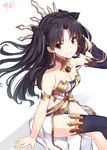  armlet artist_name asymmetrical_legwear asymmetrical_sleeves bare_shoulders black_hair breasts cleavage crossed_legs detached_sleeves earrings fate/grand_order fate_(series) highres ishtar_(fate/grand_order) jewelry long_hair long_legs looking_at_viewer medium_breasts pelvic_curtain red_eyes signature simple_background single_thighhigh sitting solo takehana_note thighhighs two_side_up white_background 