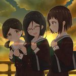  bad_id bad_pixiv_id bag black_hair bob_cut brown_eyes closed_eyes cloud glasses green_neckwear hibike!_euphonium highres long_hair low_twintails meiji_(meizi493) multiple_girls nakaseko_kaori neckerchief ogasawara_haruka school_uniform serafuku short_hair sunset tanaka_asuka twintails 