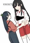  akagi_(kantai_collection) bangs black_hair blue_hair blush brown_eyes closed_eyes commentary_request green_ribbon hair_between_eyes hair_ribbon hakama_skirt height_difference houshou_(kantai_collection) interlocked_fingers japanese_clothes kantai_collection long_hair multiple_girls muneate pleated_skirt ponytail ribbon simple_background skirt smile swept_bangs tasuki thighhighs white_background white_legwear yoichi_(umagoya) 