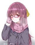  adjusting_eyewear alternate_costume arm_at_side bespectacled buttons casual coat disco_brando glasses gloves highres kamikaze_(kantai_collection) kantai_collection light_smile long_hair looking_at_viewer pink_scarf purple_eyes purple_gloves purple_hair ribbon scarf solo twitter_username upper_body winter_clothes winter_coat yellow_ribbon 