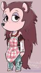  animal_crossing anthro apron bags_under_eyes barefoot brown_hair clothed clothing female freckles fully_clothed hair half-closed_eyes hedgehog long_hair looking_at_viewer mammal nintendo quills sable_able solo tired video_games willingandabel 
