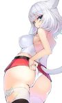  animal_ears ass back blue_eyes blush breasts covered_nipples final_fantasy final_fantasy_xiv from_behind from_below large_breasts looking_at_viewer looking_back microskirt minono_aki miqo'te panties simple_background skirt smile smug solo tail thighhighs tsurime underwear white_background white_hair white_legwear white_panties 