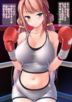  amasora_taichi aqua_eyes bare_shoulders blush boxing_gloves breasts brown_hair cleavage highres large_breasts long_hair looking_at_viewer midriff navel original solo tank_top translated twintails very_long_hair 