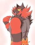 2016 5_fingers anthro black_fur cheek_tuft digital_media_(artwork) feline fur green_eyes grey_fur half-length_portrait hi_res incineroar koroburger looking_at_viewer looking_back male mammal multicolored_fur nintendo nude orange_fur pink_tongue pointing pointing_at_self pok&eacute;mon portrait rear_view red_fur red_nose shoulder_tuft signature simple_background solo tasteful_nudity tongue tongue_out tuft tusks video_games white_background yellow_sclera 