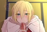  2boys blonde_hair blue_eyes blush drooling erection fellatio hato_yu-ki male_focus multiple_boys penis saliva touken_ranbu yamanbagiri_kunihiro yaoi 