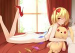  ass bed blonde_hair bow flan_(seeyouflan) flandre_scarlet nude short_hair touhou wings wink yellow_eyes 