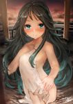  1girl 2019 aqua_eyes black_hair blush breasts closed_mouth dated eyebrows_visible_through_hair gradient_hair green_hair highres jewelry kantai_collection katsuragi_(kantai_collection) looking_at_viewer medium_breasts multicolored_hair naked_towel nude partially_submerged ring signature sketch smile solo_focus toka_(marchlizard) towel water wet 