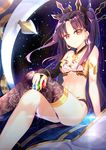  armlet asymmetrical_clothes bad_id bad_pixiv_id bare_shoulders black_hair breasts cleavage crossed_legs crown earrings elbow_gloves fate/grand_order fate_(series) gloves hair_ribbon heavenly_boat_maanna highres hoop_earrings ishtar_(fate/grand_order) jewelry long_hair long_legs looking_at_viewer medium_breasts navel ribbon single_elbow_glove single_thighhigh solo thighhighs yan_(nicknikg) 