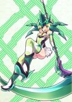  akatsuki_kirika arm_up blonde_hair blush bodysuit breasts covered_navel elbow_gloves full_body gloves green_eyes hair_ornament headgear high_heels highres leg_up looking_at_viewer medium_breasts open_mouth scythe senki_zesshou_symphogear shiny shiny_clothes shiny_hair shiny_skin short_hair skin_tight skirt smile solo striped striped_legwear teeth thighhighs upskirt weapon zeolch 