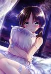  absurdres bed_sheet brown_hair dress eyebrows_visible_through_hair garters green_eyes hair_ornament hair_scrunchie highres indoors long_hair looking_at_viewer mikami_mika off_shoulder original pillow pillow_hug scrunchie shiny shiny_skin sidelocks sitting solo white_dress window wrist_cuffs 