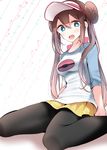  :d arms_at_sides black_legwear blue_eyes blush bow breasts brown_hair collarbone double_bun hair_between_eyes highres long_hair long_sleeves looking_at_viewer medium_breasts mei_(pokemon) oouso open_mouth pantyhose pink_bow poke_ball_print pokemon pokemon_(game) pokemon_bw2 raglan_sleeves shirt sitting skirt smile solo t-shirt tareme thighband_pantyhose thighs twintails very_long_hair visor_cap wariza yellow_skirt 