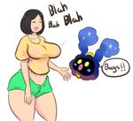  ambiguous_gender big_breasts black_hair breasts clothing cosmog dialogue duo english_text eyes_closed female hair human humor immortalstar mammal moon_(pokemon) nintendo open_mouth pok&eacute;mon simple_background speech_bubble text thick_thighs video_games white_background yellow_eyes 