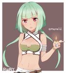  alternate_skin_color emerald_sustrai fire green_hair highres lighter midriff navel red_eyes rwby short_hair_with_long_locks solo sorimachi-doufu tongue tongue_out 