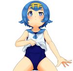  10s 1girl bangs blue_eyes blue_hair blunt_bangs blush child closed_mouth collarbone cowboy_shot female flat_chest from_below hairband kyounin_mo_yako_(datensi_rpg) looking_at_viewer looking_down nintendo npc npc_trainer one-piece_swimsuit pokemon raised_eyebrow sailor_collar simple_background sleeveless solo standing suiren_(pokemon) swimsuit swimsuit_under_clothes trial_captain white_background 