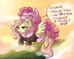  2016 annoyed blue_eyes buttersprinkle clothed clothing cloud duo earth_pony english_text equine feathered_wings feathers female feral fluttershy_(mlp) flying friendship_is_magic fur hair horse hug mammal my_little_pony outside pegasus pink_fur pink_hair pinkie_pie_(mlp) pony sky smile spread_wings text wings yellow_feathers yellow_fur 