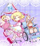  1girl alternate_costume animal_ears apron bandages blonde_hair blue_eyes bow bowtie doll dress fairy_wings fake_animal_ears flower frilled_dress frills hair_ornament hairclip hat heart highres intravenous_drip kanisawa_yuuki lily_(flower) long_sleeves medicine_melancholy nurse_cap one_eye_closed pink_bow pink_ribbon plaid plaid_dress pointing rabbit_ears ribbon short_hair smile stuffed_animal stuffed_bunny stuffed_toy su-san touhou wavy_hair wheelchair wings 