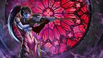  2016 aiming artist_name backlighting black_gloves bodysuit breasts center_opening cowboy_shot dated gloves gun head_mounted_display kate-fox long_hair medium_breasts outline overwatch pink_bodysuit ponytail profile purple_hair purple_skin rifle short_sleeves signature sniper_rifle solo stained_glass very_long_hair visor weapon widowmaker_(overwatch) yellow_eyes 