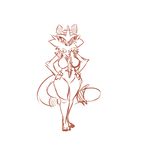  2016 anthro big_breasts breasts cheek_tuft featureless_breasts featureless_crotch female hands_on_hips incineroar looking_at_viewer monochrome nintendo plagueofgripes pok&eacute;mon red_and_white simple_background solo standing thick_thighs tuft video_games white_background wide_hips 