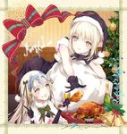  2girls alcohol artoria_pendragon_(all) bad_id bad_pixiv_id bangs bauble bell black_gloves black_legwear black_santa_costume blonde_hair bottle capelet champagne champagne_bottle chicken_(food) christmas_ornaments christmas_tree commentary eating elbow_gloves eyebrows_visible_through_hair fate/grand_order fate_(series) food food_on_face frame fur_trim glass gloves green_ribbon hair_between_eyes hair_ribbon hat headpiece holding holding_food holly indoors jeanne_d'arc_(fate)_(all) jeanne_d'arc_alter_santa_lily kinokohime leaning_on_object long_hair looking_at_another merry_christmas multiple_girls open_mouth pantyhose pointing pointing_up red_ribbon ribbon saber_alter sack santa_alter santa_costume santa_hat sidelocks smile striped striped_ribbon teeth yellow_eyes 