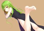  ass bangs bare_shoulders barefoot black_dress breasts brown_background c.c. china_dress chinese_clothes closed_mouth code_geass dress eyebrows_visible_through_hair feet feet_out_of_frame flan_(seeyouflan) from_behind green_background green_eyes green_hair hair_between_eyes highres leg_up long_hair looking_at_viewer looking_back lying medium_breasts nail_polish on_stomach pelvic_curtain pink_lips pink_nails side_slit simple_background skin_tight sleeveless sleeveless_dress smile soles solo toenail_polish toenails toes 