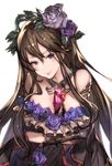  bare_shoulders between_breasts box breasts brown_hair cleavage dress flower frills gift gift_between_breasts gift_box gloves granblue_fantasy hair_flower hair_ornament jewelry large_breasts long_hair looking_at_viewer minaba_hideo parted_lips rosetta_(granblue_fantasy) smile solo transparent_background upper_body 