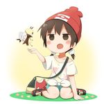  :d bag brown_hair casual cat_hair_ornament collarbone dokka_no_kuni_no_kokuou funami_mari gen_7_pokemon hair_ornament handbag jitome open_mouth pokemon pokemon_(creature) pokemon_(game) pokemon_sm ribombee shirt shoes short_twintails shorts sitting smile solo t-shirt twintails wariza white_shirt yuru_yuri 