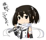  black_neckwear brown_eyes brown_hair chibi commentary_request double-breasted elbow_gloves fingerless_gloves gloves hair_ornament holding holding_torpedo kantai_collection looking_at_viewer neckerchief niwatazumi remodel_(kantai_collection) scarf school_uniform sendai_(kantai_collection) serafuku short_hair simple_background sleeveless smile solo torpedo translation_request two_side_up upper_body white_background white_scarf 